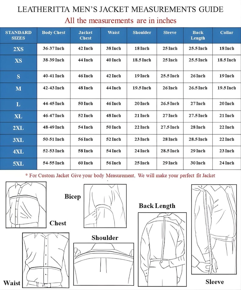 May include: A detailed jacket measurements guide from Leatheritta, with measurements in inches for body chest, jacket chest, waist, shoulder, sleeve, back length, and collar. Includes diagrams for accurate measurement.