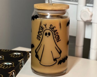 Halloween Iced Coffee Glass Cup | Spooky Season Ghost & Bats