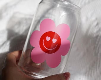 Retro Flower Smiley Face Glass Can | 16 Oz Libbey Beer Cup