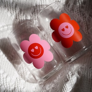 Retro Flower Libbey Cup | Beer Shaped Cup | Glass Cup | Positive Themed Cup | Coffee Glass | Iced Coffee Glass | Glass Can | Cute Cup