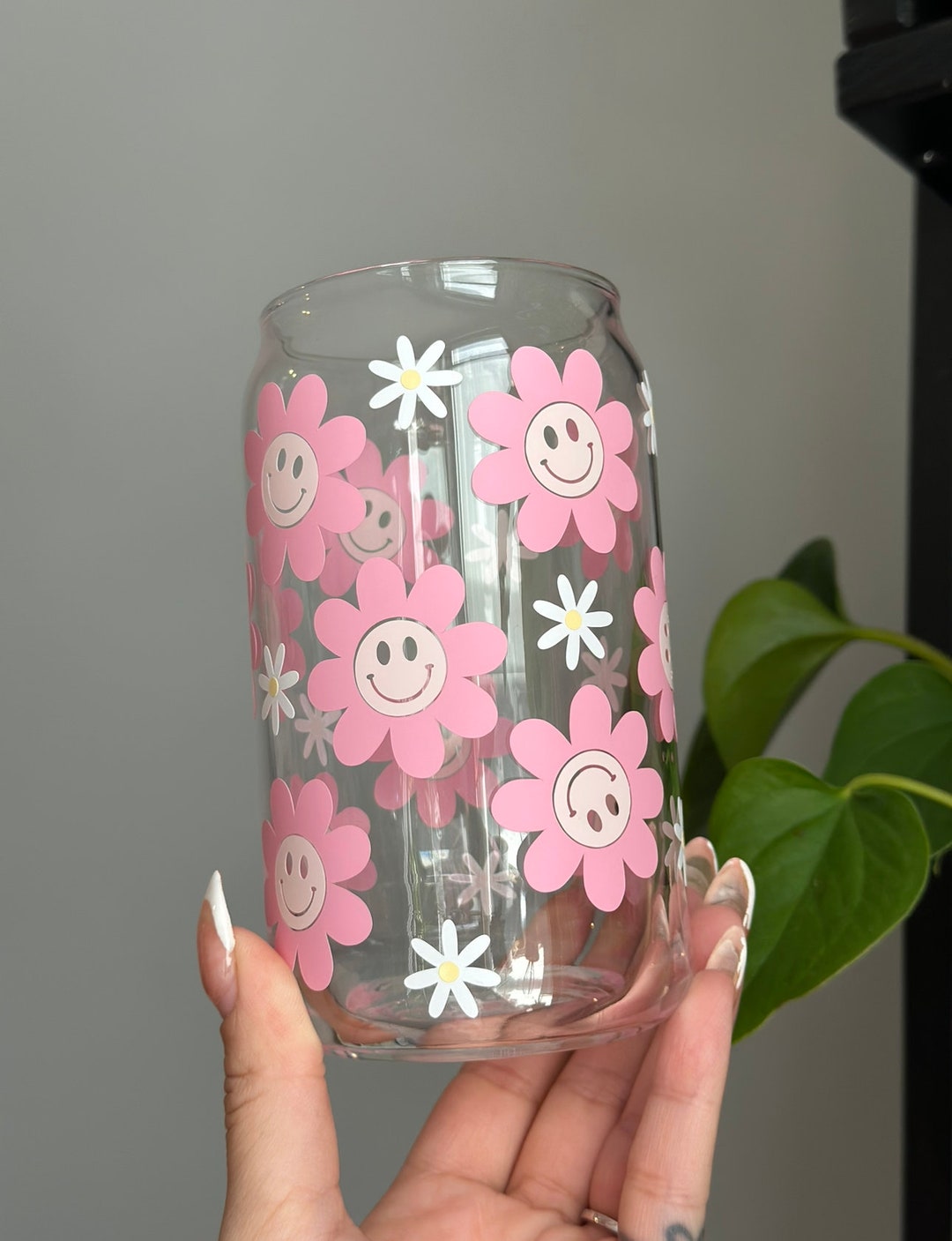 Pink Smiley Face Flower Glass Cup Summer Iced Coffee Cup Spring Iced