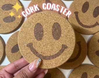 Happy Face Cork Coaster, Cute Trendy Coaster for Glass Can Cup, Mugs, & Tumblers | Coffee Coaster | Coaster For Drinks | Retro Coaster |