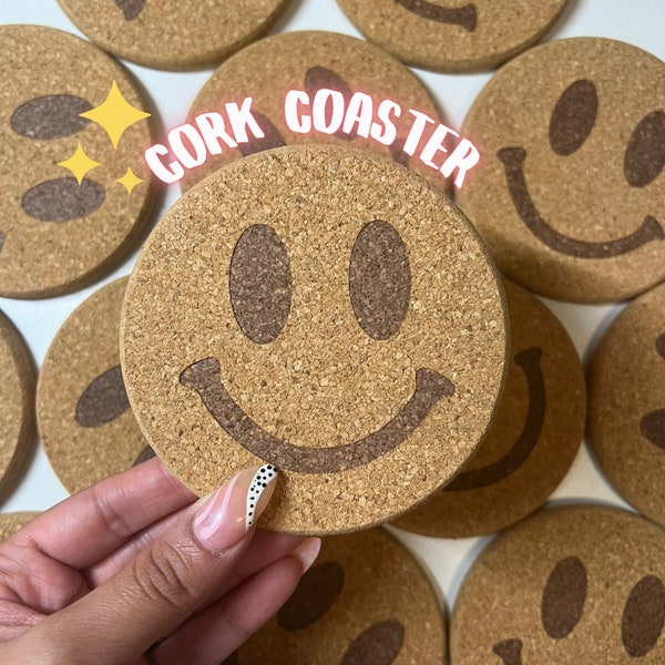 Happy Face Cork Coaster, Cute Trendy Coaster for Glass Can Cup, Mugs, & Tumblers | Coffee Coaster | Coaster For Drinks | Retro Coaster |