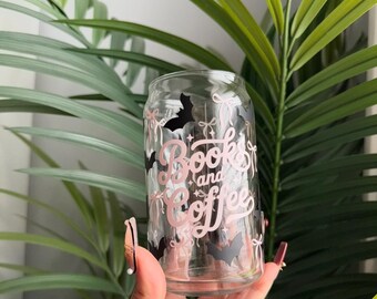 Bats Books and Coffee Cup | Books and Coffee Bow Cup | Coffee Glass | Iced Coffee Glass | Cute Cups for Gifts