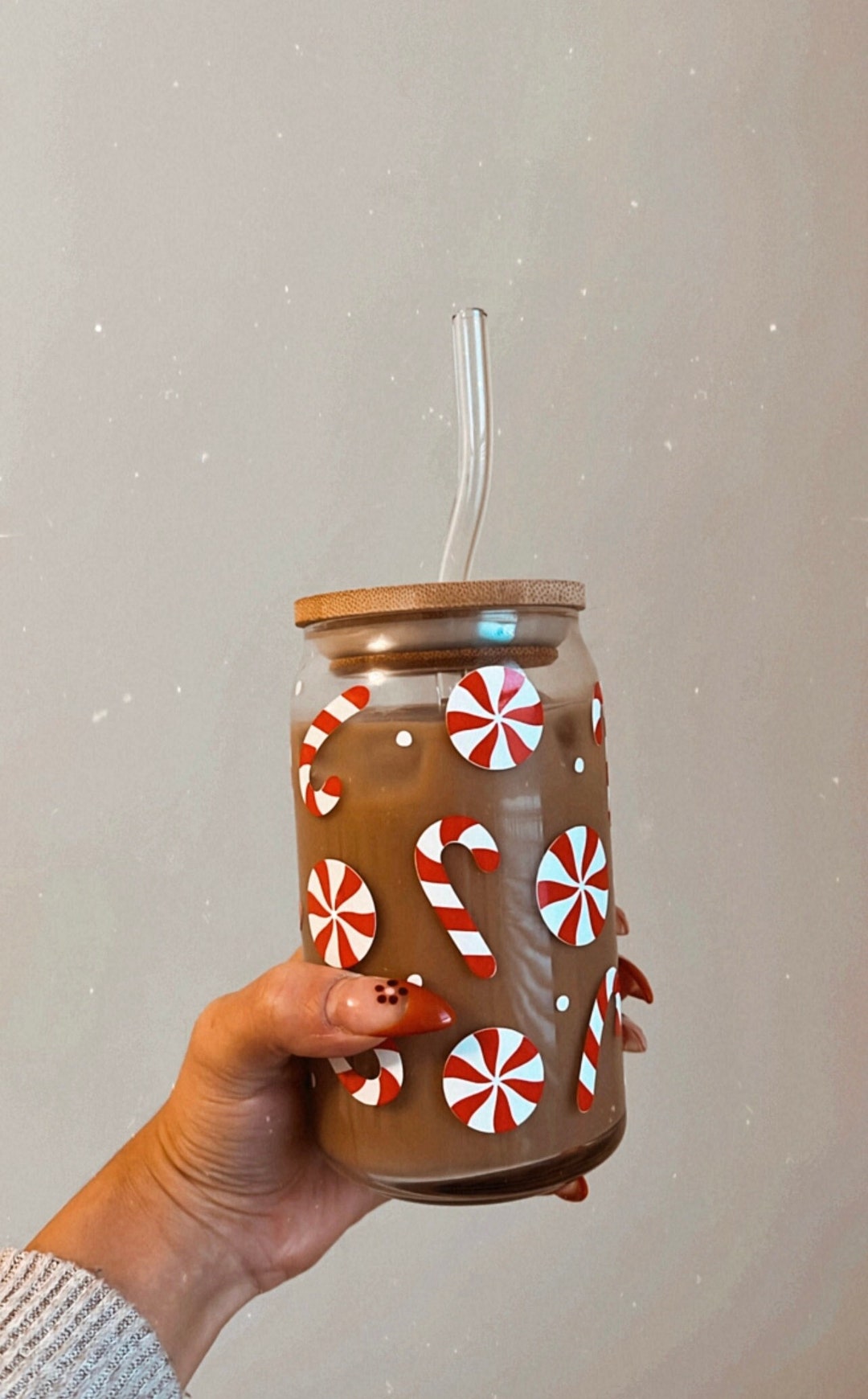 Candy Cane Iced Coffee Cup Holiday Glass Cup Christmas Gift Coffee