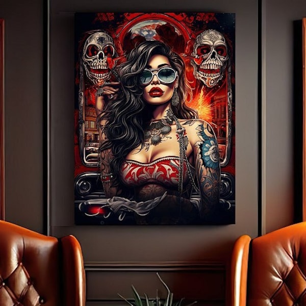 Leinwand Chicana Gangster Girl mit Schädeln,  Polka Trash Art, Ford Mustang, Stylized Violence La Catrina Art