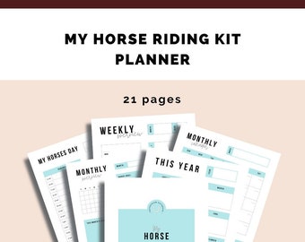 Puede incluir: Un planificador de kit de equitación para caballos imprimible de 21 páginas. La portada presenta un gráfico de herradura azul y el texto "My Horse Riding Kit". El planificador incluye páginas para la planificación diaria, semanal y mensual, así como un calendario anual.