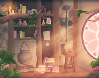 Fondo de Vtuber "Habitación de bruja acogedora": Fondo de pantalla de fantasía (descarga digital PNG)