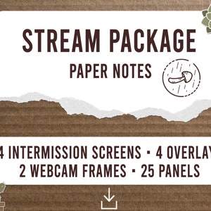 Op de afbeelding: Een bruine papieren achtergrond met een wit rechthoek met de tekst "STREAM PACKAGE PAPER NOTES" en een kleine tekening van een paddenstoel. Onder de rechthoek bevindt zich een andere witte rechthoek met de tekst "4 INTERMISSION SCREENS - 4 OVERLAYS 2 WEBCAM FRAMES - 25 PANELS". Een downloadpictogram bevindt zich onder de tekst.