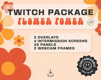 Paquete Twitch / Flower Power de los 70 / Personalizable / Retro / Flores / Hippie / Streaming