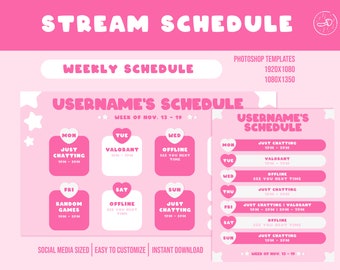 Programación semanal personalizable de transmisiones / Twitch Kick Programación semanal de transmisiones en redes sociales Cute Pink