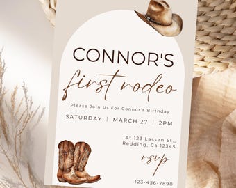First Rodeo Birthday Invitation Rustic Cowboy Party Digital Download Western Editable Canva Template