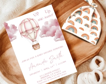 Up Up And Away Baby Shower Invite Pink Hot Air Balloon Baby Shower Invitation Boho Editable Canva Template For Girl