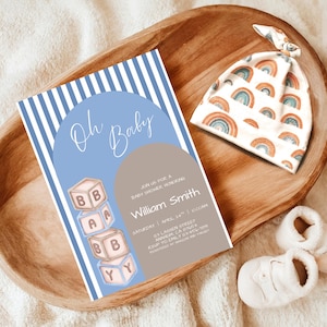 Boy Baby Shower Invitation Blue Boho Baby Shower Invite Oh Baby Baby Shower Party Invite Editable Canva Template Modern Baby Sprinkle Evite
