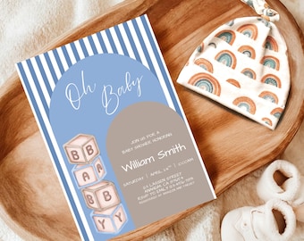 Boy Baby Shower Invitation Blue Boho Baby Shower Invite Oh Baby Baby Shower Party Invite Editable Canva Template Modern Baby Sprinkle Evite