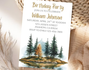Men's Birthday Invitation Rustic Mountain Birthday Party Invite Outdoor Lake Editable Canva Template Woodland Dinner Party Evite