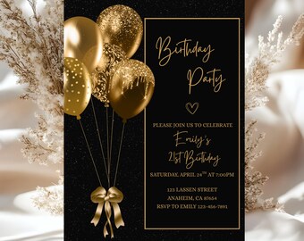 Elegant Modern Birthday Dinner Invitation Formal Dinner Party Birthday Invite Black and Gold Editable Canva Template