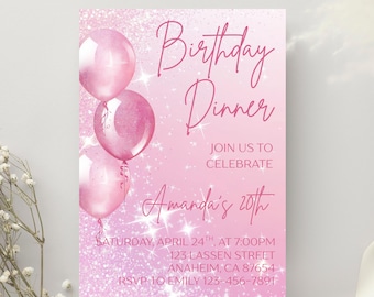 Pink Glitter Birthday Dinner Invitation Elegant Editable Invite Template Women's Birthday Party Canva Template Blush Pink Girls Invite