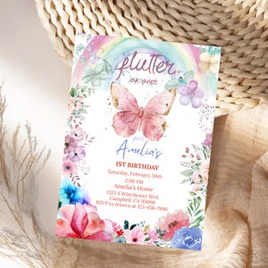 Butterfly Birthday Invitation Flutter On Over Party Invite For Girl Rainbow Floral Spring Editable Canva Template