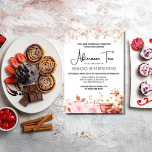 Convite de aniversário de chá | Convite editável para festa de chá para meninas, cartão digital para impressão | Download instantâneo, modelo de aniversário para festa de chá no jardim