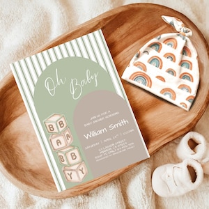 Green Baby Shower Invitation Gender Neutral Baby Shower Invite Neutral Boho Editable Canva Template Modern Oh Baby Baby Shower Invite