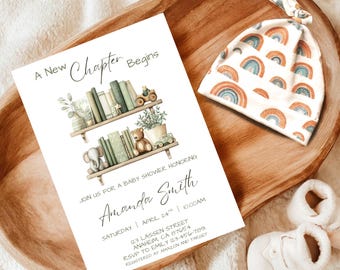A New Chapter Begins Baby Shower Invitation Gender Neutral Book Themed Baby Invite Boho Storybook Editable Canva Template