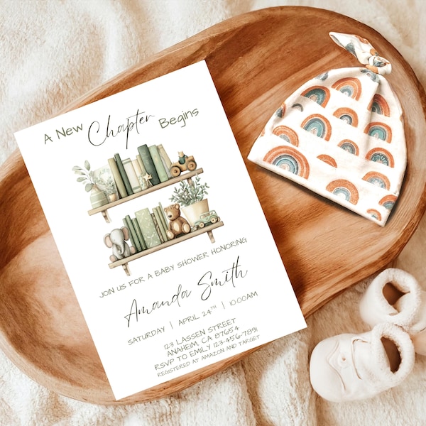 Invitación para baby shower "Un nuevo capítulo comienza", tema de libro neutro, plantilla editable de Canva para libro de cuentos bohemio.