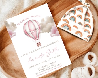 Hot Air Balloon Baby Shower Invite Adventure Awaits Baby Shower Invitation Pink Girl Editable Canva Template