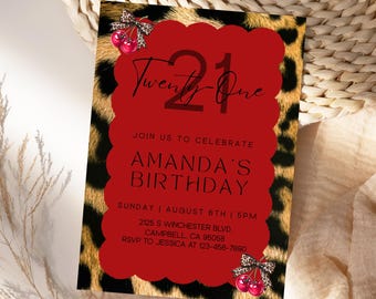 Red Leopard Print Birthday Invitation Cherry Dinner Party Invite Milestone Cheetah Print Editable Canva Template