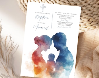 Baby Boy Baptism Invitation Family Silhouette Christening Invite First Communion Editable Canva Template