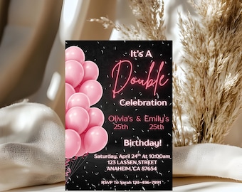 Tweeling bewerkbare verjaardagsuitnodiging roze dubbele viering uitnodigen elegante partij digitale download Canva sjabloon zwart Instant Download