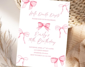 10th Birthday Party Invitation Hello Double Digits Girl birthday Invite Pink Bow Editable Canva Template
