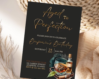 Aged To Perfection Party Invitation Whiskey Birthday Invite For Men Milestone Rustic Editable Canva Template