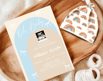 Oh Baby Baby Shower Invitation Unisex Minimalist Ultrasound Keepsake Invite Custom Ultrasound Photo Blue Bow Editable Canva Template