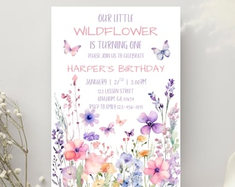 Butterfly Birthday Invitation Little Girl Purple Wildflower Editable Template Spring Garden Party Invite Pink Floral Birthday Canva Template