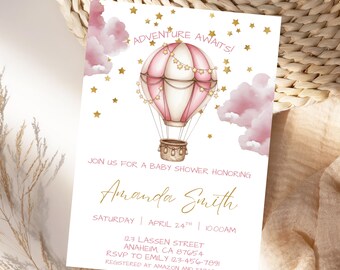 Pink Adventure Awaits Baby Shower Invite Gold Star Baby Shower Invite Hot Air Balloon Editable Canva Template For Girl
