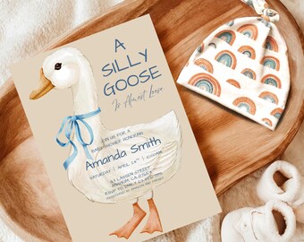 Silly Goose babyshower uitnodiging genderneutraal beige Mother Goose Baby strooi digitale canvas sjabloon boerderij thema ganzen uitnodigen