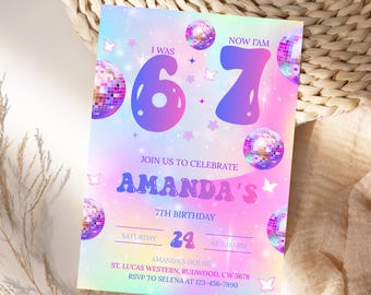 6-7 Birthday Invitation For Girls Trending 7th Birthday Party Invite Pink Pastel Editable Canva Template Retro Disco Digital Evite