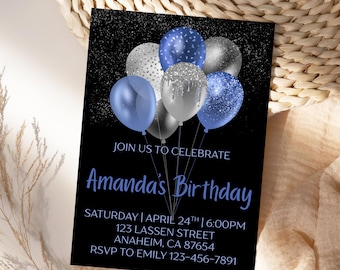 Custom Birthday Balloon Invitation For Kids Digital Party Invite Adults Black Modern Editable Canva Template Milestone Dinner Evite