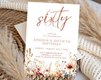 Boho Wildflower Birthday Party Invitation Floral Modern Birthday Invite Elegant Birthday Invitation For Women Custom Editable Canva Template