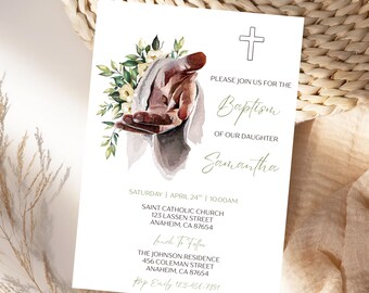 Floral Baptism Invitation Jesus's Hand Dedication Invite Gender Neutral Baby Christening Editable Canva Template