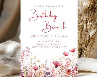 Birthday Brunch Invitation Pink Floral Brunch Invite Wildflower Garden Party Editable Canva Template