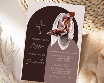 Jesus Hand Baptism Invitation Milestone Baby Christening Invite Minimalist Dedication Editable Canva Template