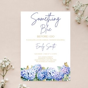 Something Blue Bridal Shower Invitation Blue Hydrangeas Wedding Shower Editable Invite Gold Butterfly Brunch Party Invite Canva Template