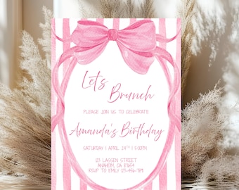 Blush Pink Bow Brunch Invitation Elegant Coquette Girl Birthday Party Invite Canva Editable Template