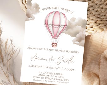 Hot Air Balloon Baby Shower Invitation For Girl Adventure Awaits Baby Invite Pink Minimalist Editable Canva Template