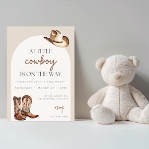 Invito modificabile per baby shower da cowboy, invito per festa western, invito rustico per baby shower, download digitale, modello Canva per rodeo, modello per bambino, download immediato