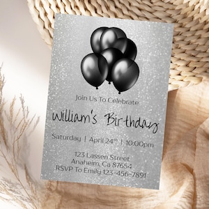 Black and Silver Glitter Birthday Invitation Template Editable Adults Birthday Invite For Elegant Party Canva Template Milestone Celebration