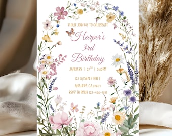 Wildflower Birthday Invitation Editable Floral Butterfly Invite Girls Garden Party Canva Template