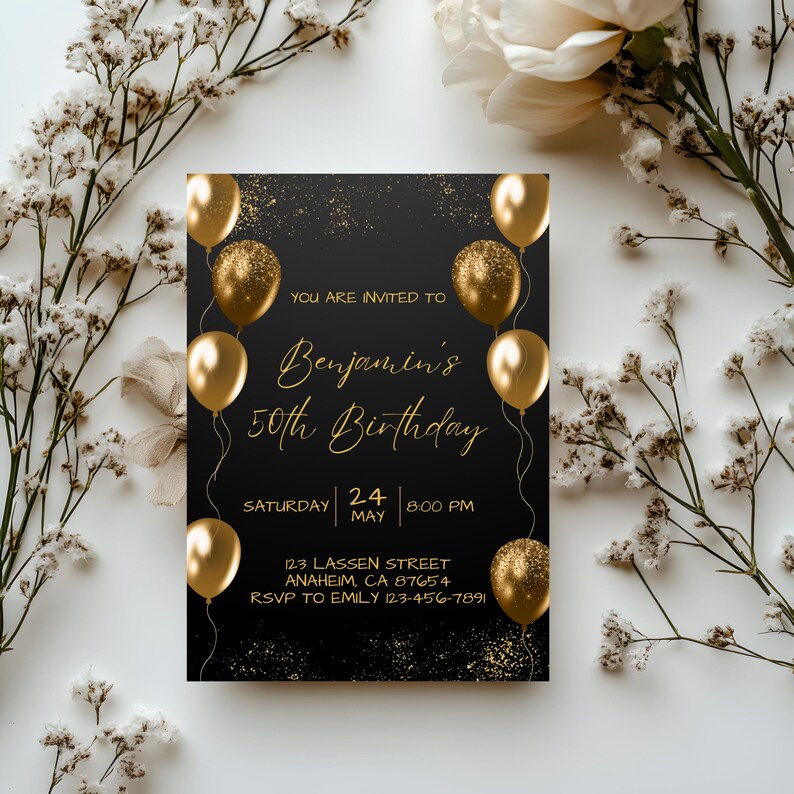 May include: Black invitation card with gold balloons and text. The card reads "You are invited to Benjamin's 50th Birthday" with date, time, and RSVP information. The design includes gold glitter accents.